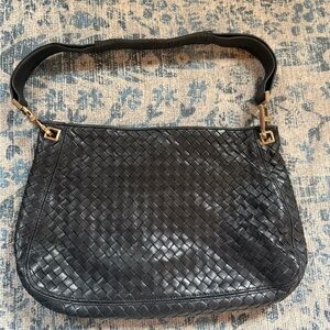 Bottega Veneta Black Intrecciato Shoulder Bag with Gold Hardware